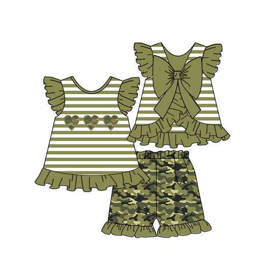 preorder GSSO0594 Camo Heart Green Striped Flutter Sleeve Camo Shorts Girls Set