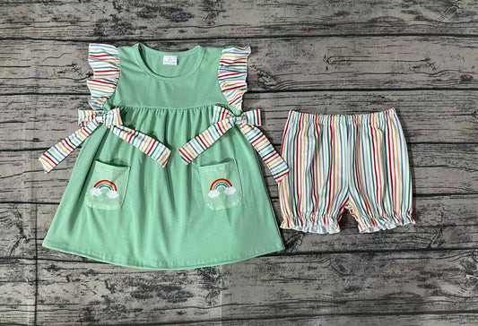 preorder GSSO0596 Green Rainbow Pockets Green Flutter Sleeve Colorful Striped Shorts Girls Set