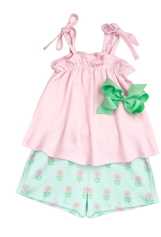 preorder GSSO0597 Pink Sleeveless Flowers Green Shorts Girls Summer Set