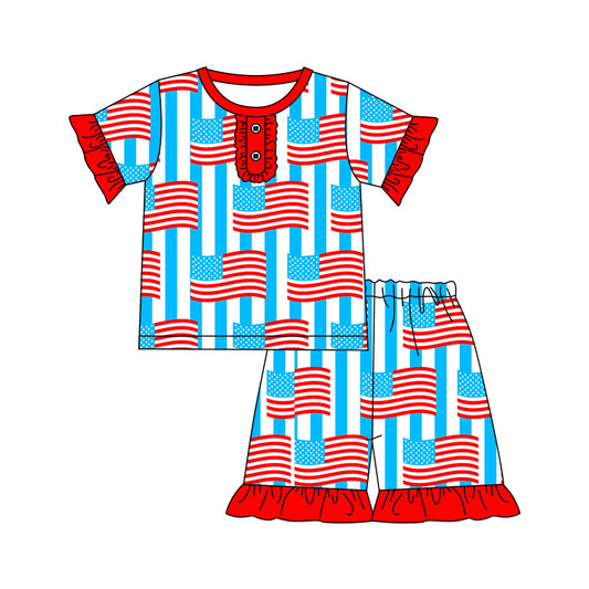 preorder GSSO0603 July 4th Red Blue Flag Short Sleeve Shorts Girls Pajamas