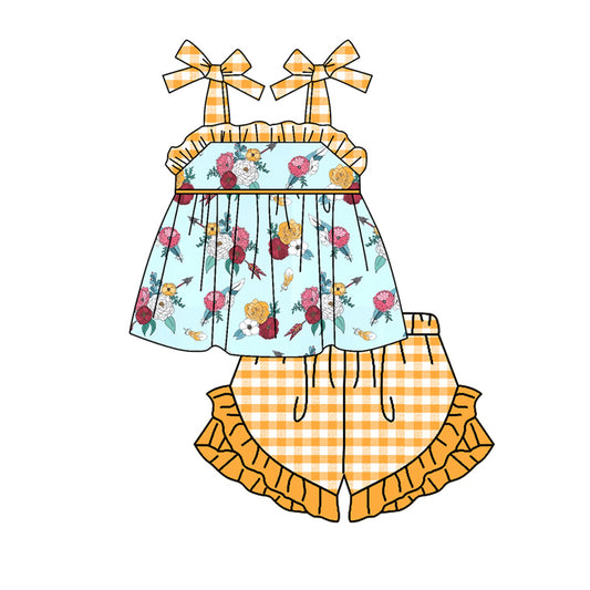 preorder GSSO0604 Flowers Blue Sleeveless Yellow Checkered Shorts Girls Summer Set