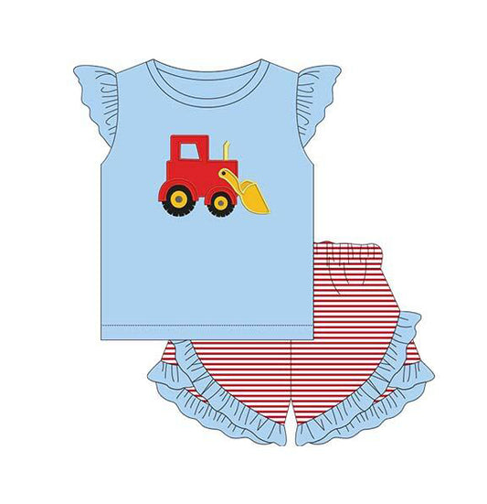 preorder GSSO0607 Construction Truck Blue Flutter Sleeve Red Striped Shorts Girls Set