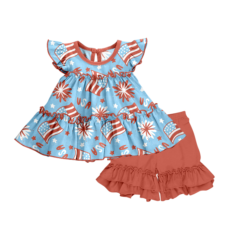 preorder GSSO0610 July 4th Flag Blue Flutter Sleeve Red Shorts Girls Set