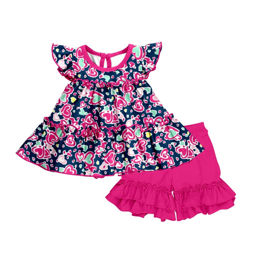 preorder GSSO0612 Hot Pink Heart Navy Flutter Sleeve Hot Pink Ruffles Shorts Girls Summer Set