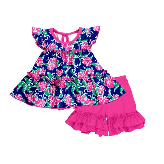 preorder GSSO0613 Hot Pink Flowers Navy Flutter Sleeve Hot Pink Ruffles Shorts Girls Summer Set