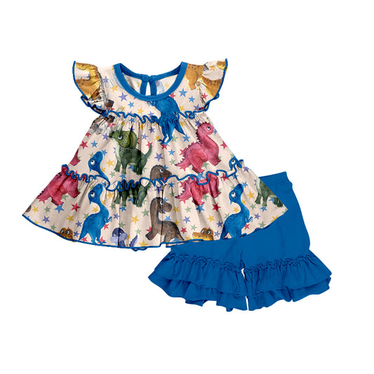 preorder GSSO0620 Dinosaur Star Flutter Sleeve Blue Ruffles Shorts Girls Summer Set