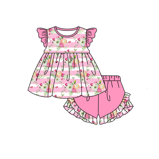 preorder GSSO0623 Pink Flowers Striped Flutter Sleeve Pink Ruffles Shorts Girls Set