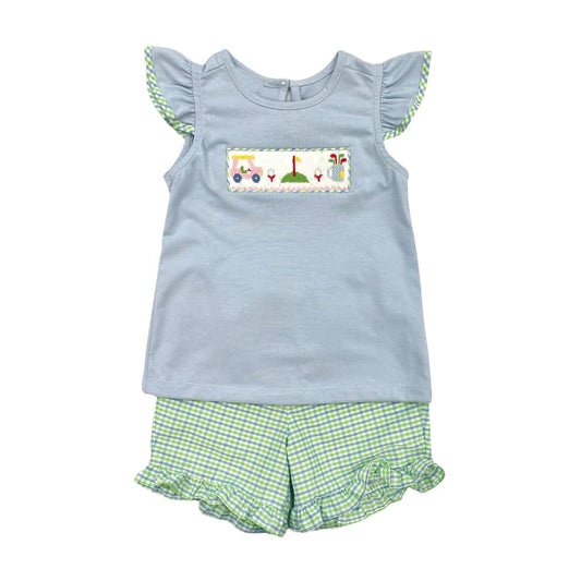 Preorder GSSO0628 Play golf grey blue flutter sleeve green checkered shorts girls set