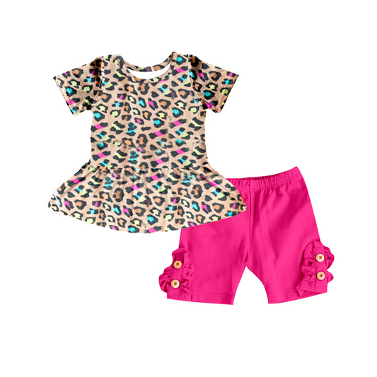 Preorder GSSO0636 Colorful leopard short sleeve hot pink shorts girls set
