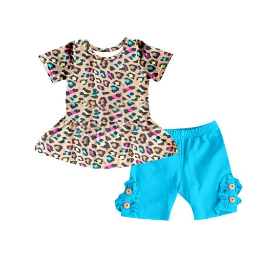 Preorder GSSO0637 Colorful leopard short sleeve blue shorts girls set