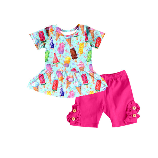 Preorder GSSO0638 Colorful ice green short sleeve hot pink shorts girls set