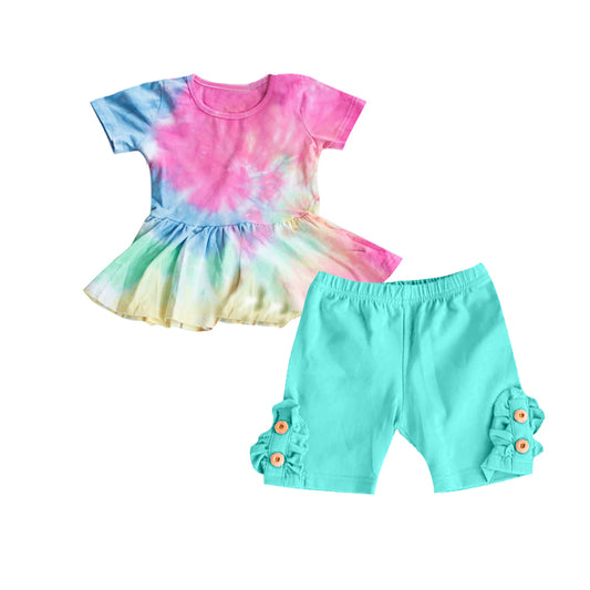 Preorder GSSO0640 Colorful ink pattern short sleeve cyan shorts girls set