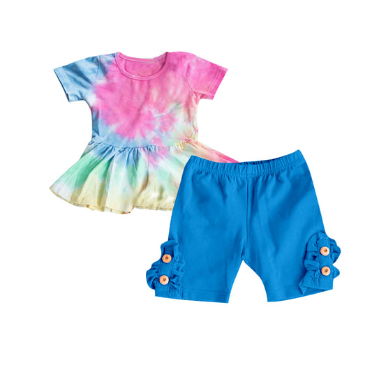 Preorder GSSO0641 Colorful ink pattern short sleeve blue shorts girls set
