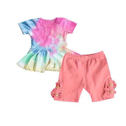 Preorder GSSO0642 Colorful ink pattern short sleeve watermelon red shorts girls set