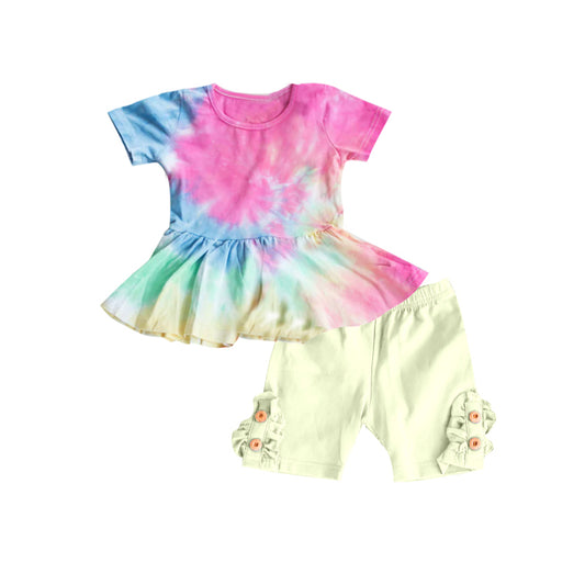 Preorder GSSO0643 Colorful ink pattern short sleeve light yellow shorts girls set