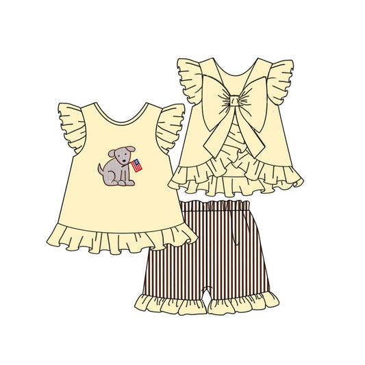 Preorder GSSO0649 July 4th dog flag yellow flutter sleeve brown striped shorts girls set