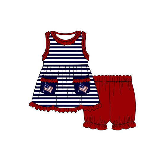 Preorder GSSO0664 July 4th flag pockets black striped red shorts girls set