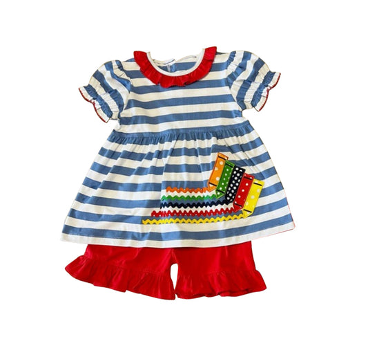 preorder GSSO0665 Back to school pen blue striped short sleeve red shorts girls set