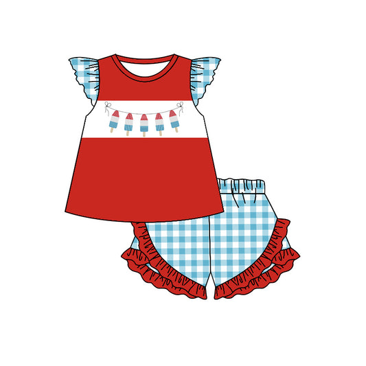 preorder GSSO0680 July 4th ice red flutter sleeve blue checkered shorts girls set