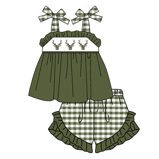 preorder GSSO0715 Camo deer green sleeveless green checkered shorts girls set