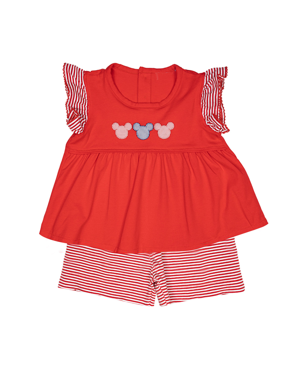 preorder GSSO0721 Cartoon M red flutter sleeve red striped shorts girls set