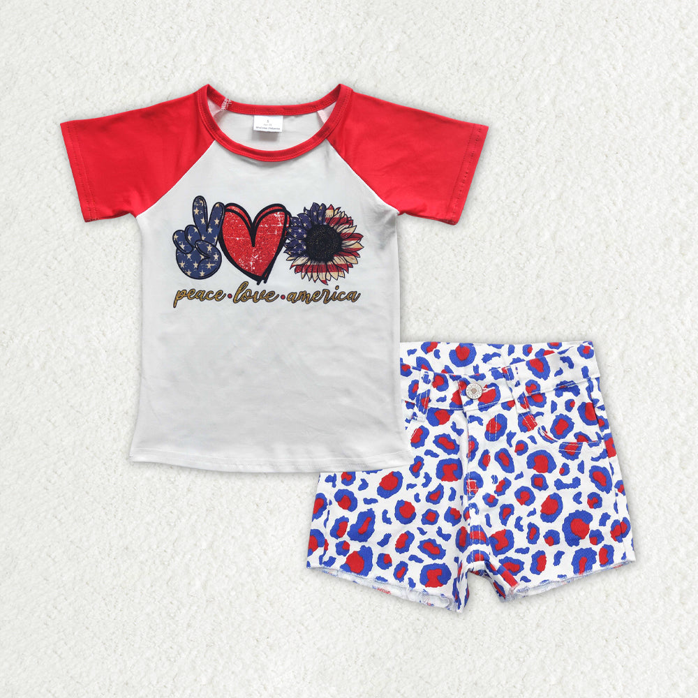 GSSO0756 July 4th peace love America short sleeve red blue leopard denim shorts girls set