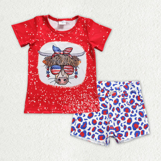 GSSO0757 July 4th cow red short sleeve red blue leopard denim shorts girls set