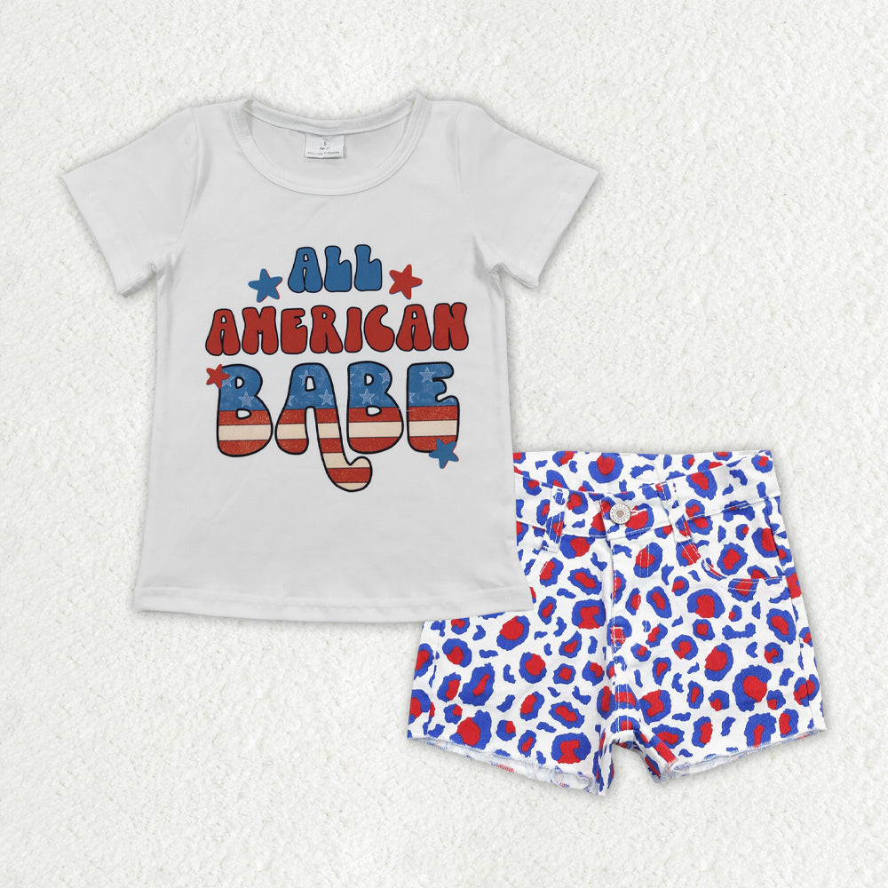 GSSO0758 July 4th all American babe short sleeve red blue leopard denim shorts girls set