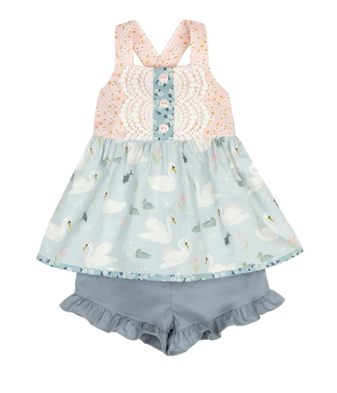 preorder GSSO0764 Goose duck flowers pink sleeveless grey blue shorts girls set