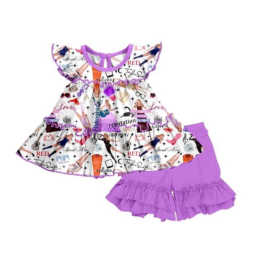 preorder GSSO0768 Country singer flutter sleeve purple shorts girls set