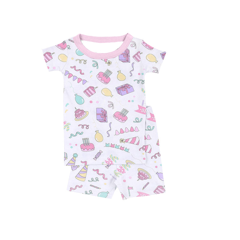 preorder GSSO0769 Birthday cake pink short sleeve shorts girls set