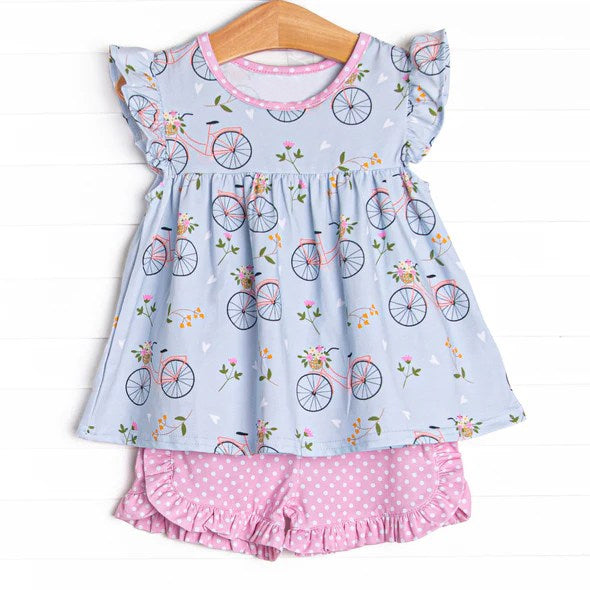 preorder GSSO0784 bike flowers blue flutter sleeve pink dot shorts girls set