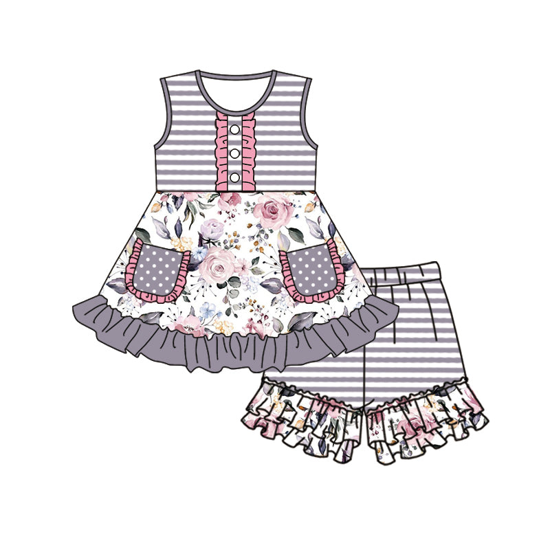 preorder GSSO0791 Flowers pockets sleeveless grey striped shorts girls set