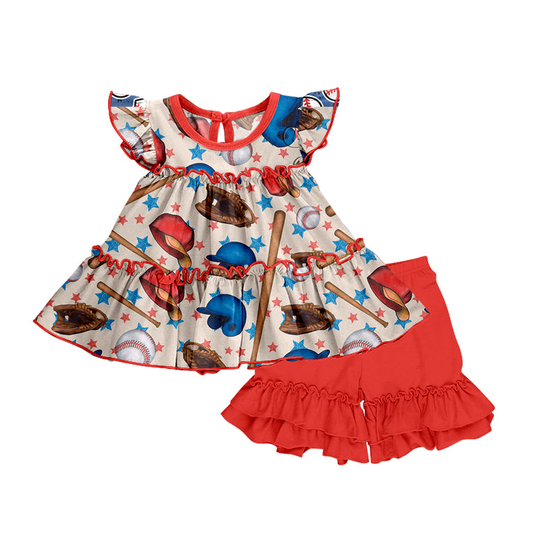 GSSO0793 Play base glove flutter sleeve red shorts girls set