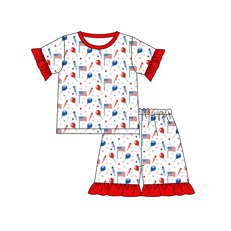 preorder GSSO0799 July 4th flag balloon red blue short sleeve shorts girls pajamas