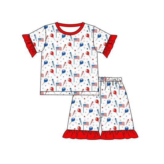 preorder GSSO0799 July 4th flag balloon red blue short sleeve shorts girls pajamas