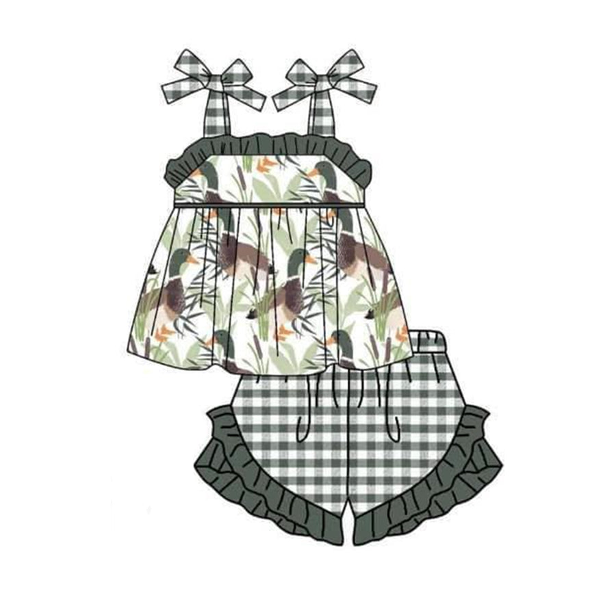 preorder GSSO0806 mallard duck lace-up top checkered shorts girls set