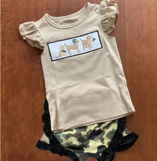 preorder GSSO0808 dog flag khaki flutter sleeve green camo shorts girls set