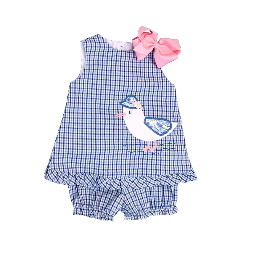 preorder GSSO0814 cute see gull navy blue checkered sleeveless shorts girls set