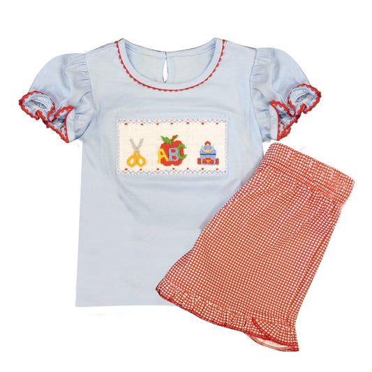 preorder GSSO0818 back to school apple ABC blue short sleeve red checkered shorts girls set