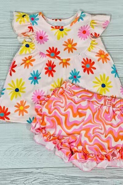 preorder GSSO0824 colorful flowers flutter sleeve pink orange shorts girls set