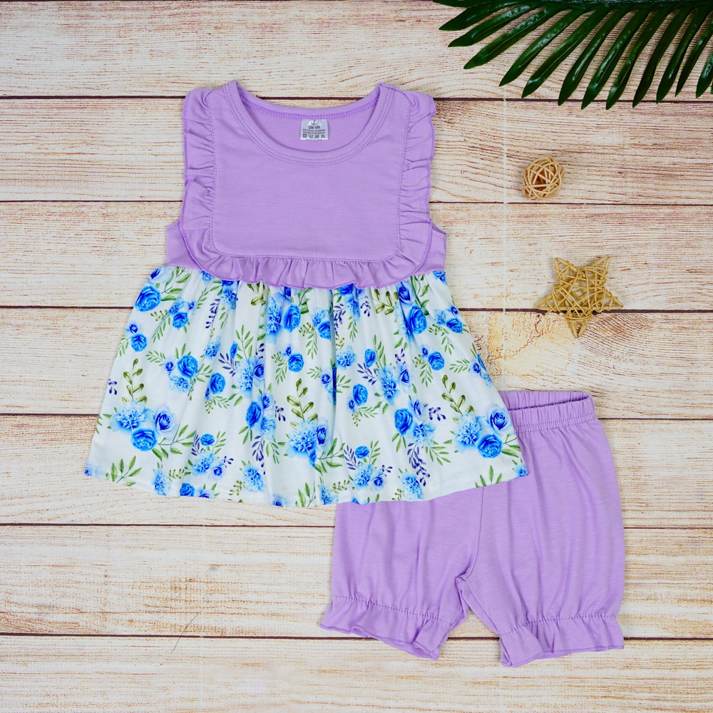 preorder GSSO0829 blue flowers purple sleeveless purple shorts girls set
