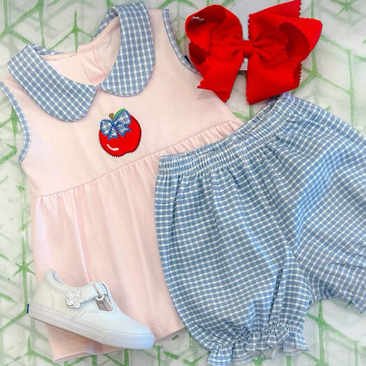 preorder GSSO0840 back to school apple pink sleeveless blue checkered shorts girls set