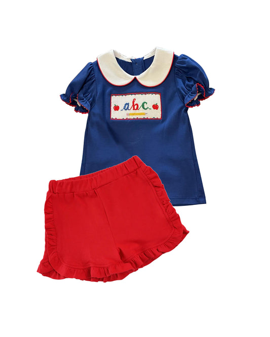 preorder GSSO0841 back to school abc apple pen navy blue short sleeve red shorts girls set