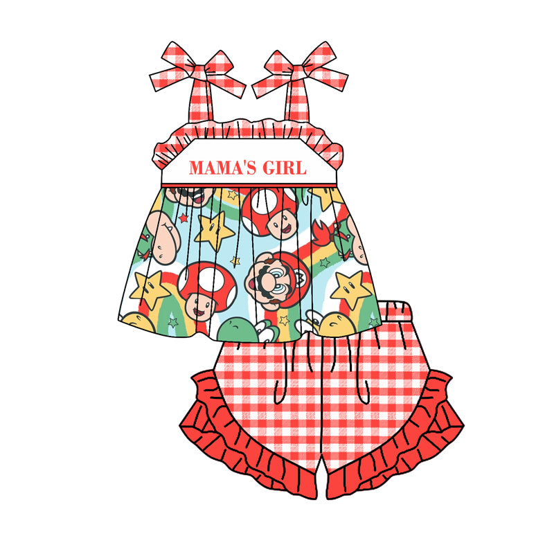 preorder GSSO0846 mama's girl super cartoon lace-up red checkered shorts girls set