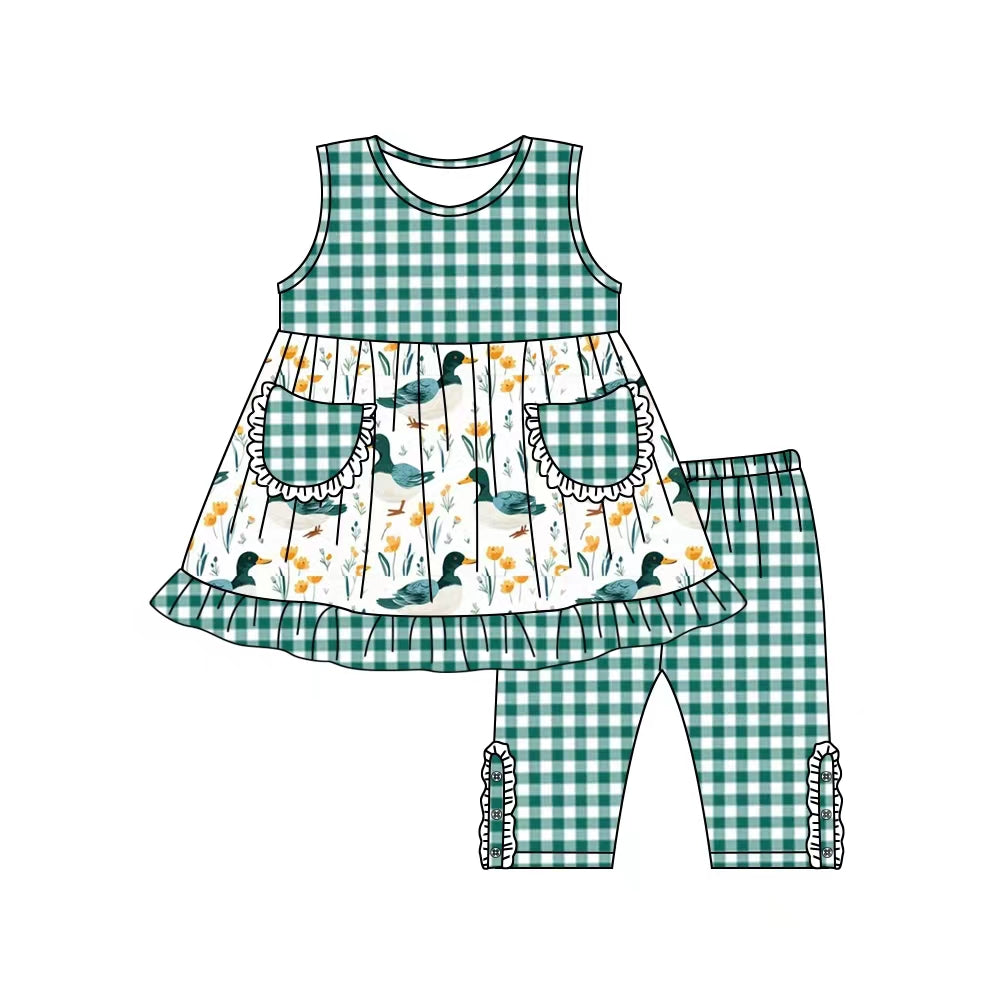 preorder GSSO0849 mallard duck pocket sleeveless green checkered pants girls set