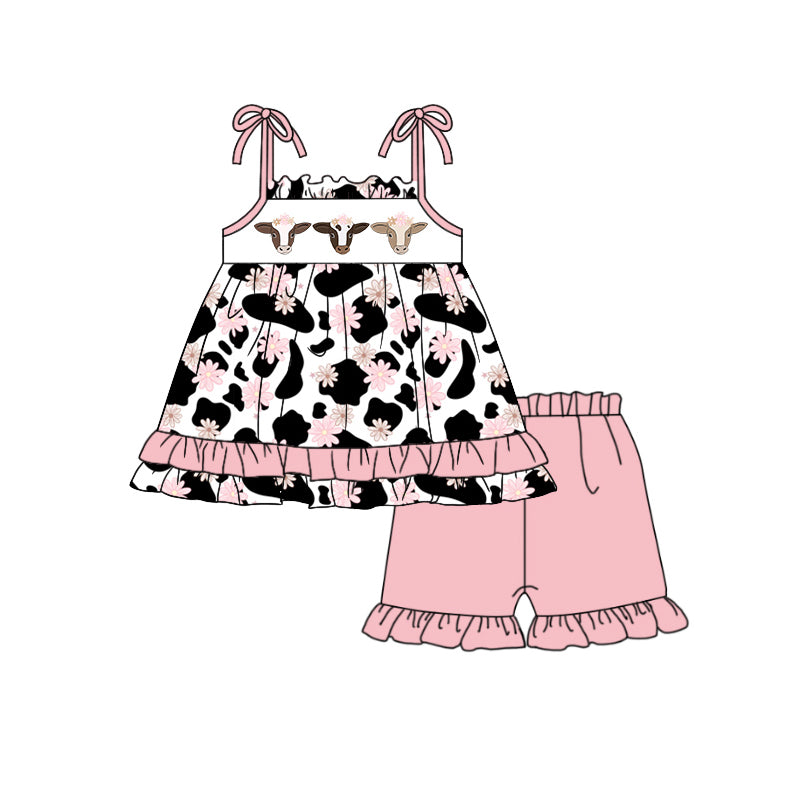 preorder GSSO0853 cow flowers cow print lace-up pink shorts girls set