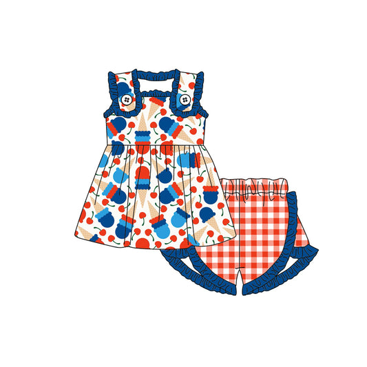 preorder GSSO0854 July 4th ice sleeveless red checkered shorts girls set