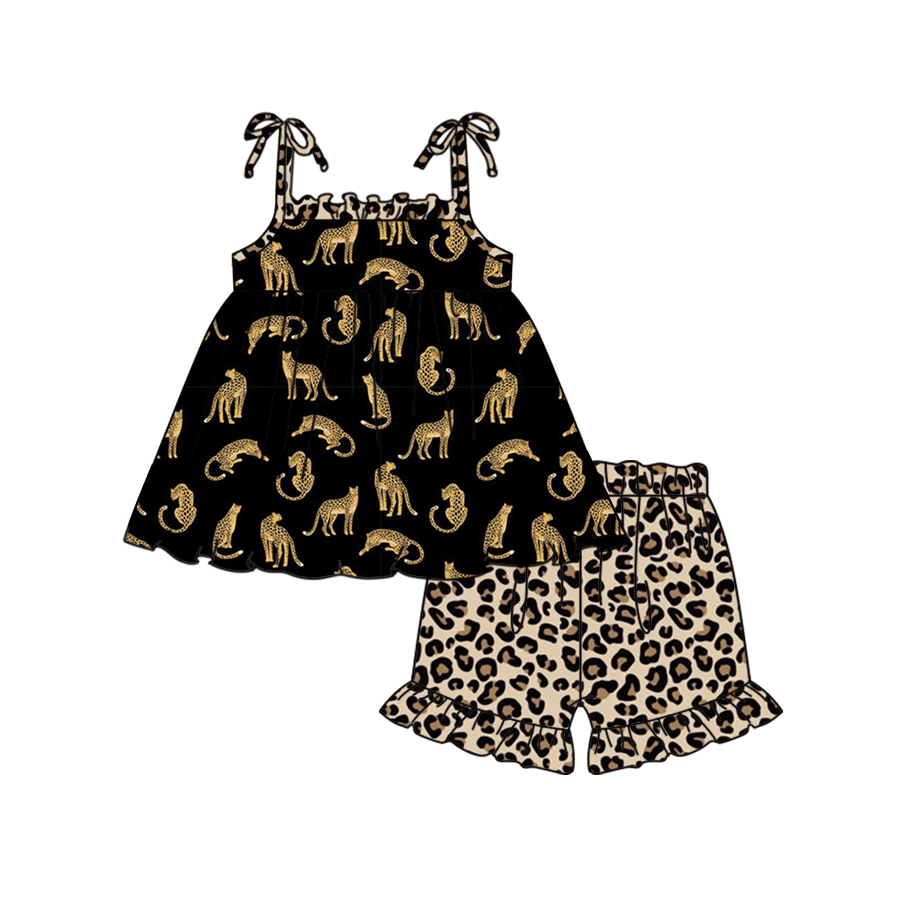 preorder GSSO0857 leopard black lace-up leopard shorts girls set