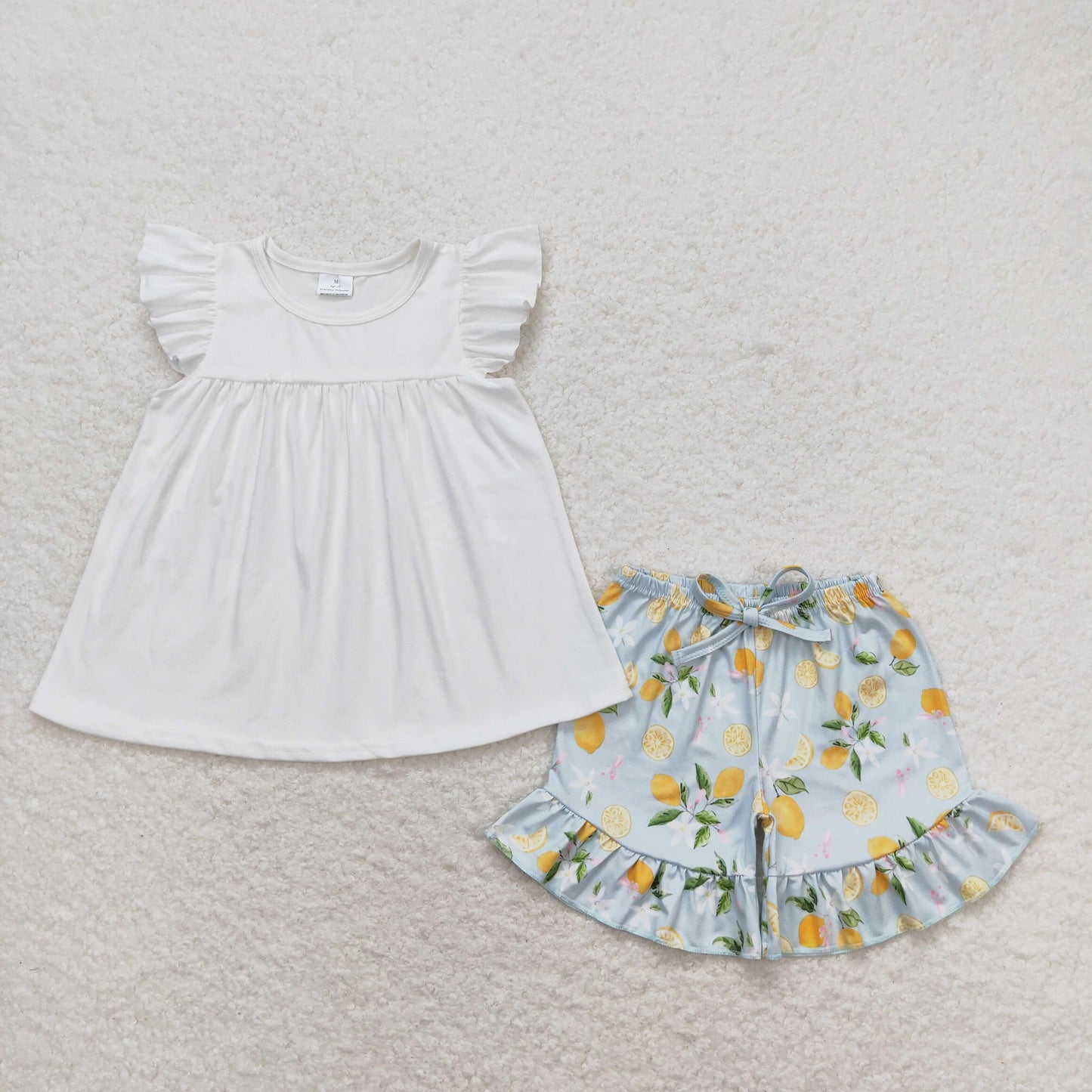 GSSO0870 white flutter sleeve lemon blue shorts girls set